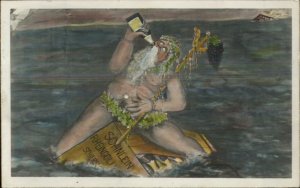 Unusual Comic on Tinted RPPC Poseidon or Dionysus Drunk Naked Mythology