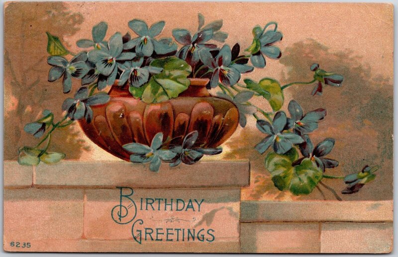 1912 Birthday Greetings Blue Flowers In Brown Vase Posted Postcard