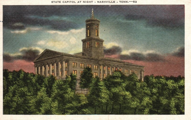 Vintage Postcard 1950's State Capitol Building At Night Nashville Tennessee TN