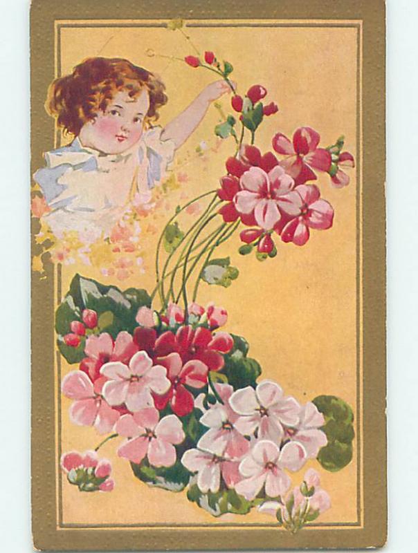 Pre-Linen art nouveau CUTE GIRL PICKING PINK FLOWERS HJ4318