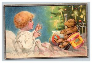 Vintage 1909 Christmas Postcard Cute Child in Bed Teddy Bear Yellow Drum NICE