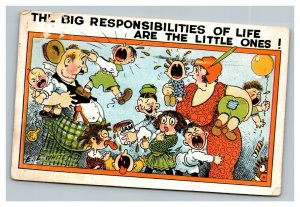 Vintage 1934 Comic Postcard - Parents with Many Misbehaving Children - Funny