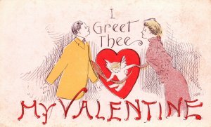 I Greet Thee My Valentine Love And Romance Greetings Vintage Postcard