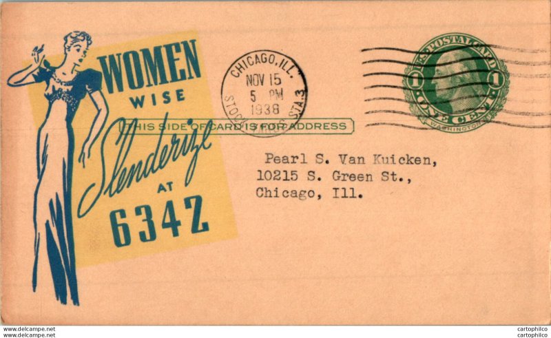 US Postal stationery 1c Chicago Women Wise Slenderize 1938