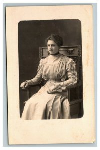 Vintage 1910's RPPC Postcard Photo of Woman Sitting on Wooden Chair