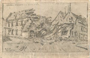 Belgium ww1 Warneton bombed town hall 1915 drawn German postcard