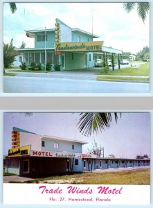 2 Postcards HOMESTEAD, FL ~ Roadside TRADEWINDS MOTEL c1950s Miami Dade County