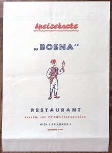 1950s WEIN AUSTRIA BOSNA RESTAURANT BALKAN AND ORIENT SPECIALS MENU Z5601