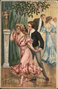 Christmas Young Man Tries to Kiss Unwilling Girl Mistletoe Consent c1910 PC