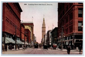 c1950 Looking Down 16th Street Tower Building Trolley People Denver CO Postcard