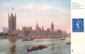 London Thames navigation & sailing Parliament coal barge transport boat seagull