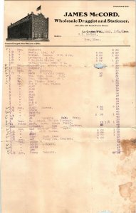 1903 / 1896 La Crosse Wis Letterhead LOT James McCord Wholesale Drugs Receipt R1