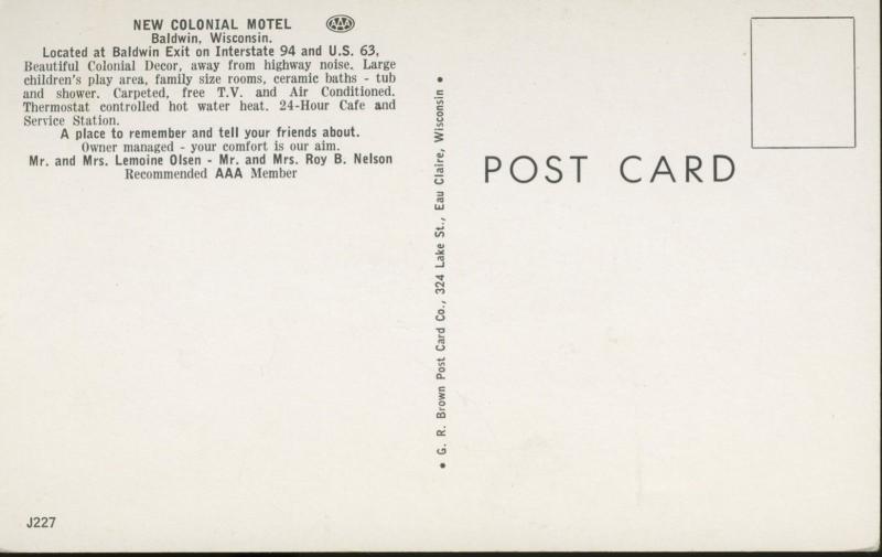 New Colonial Motel Baldwin WI Wisconsin I-90 and US 63 AAA Vintage Postcard D2