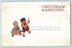 Christmas Postcard Greetings Childrens With Drum And Trumpet Embossed 1924