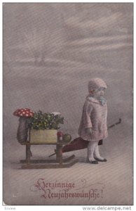 NEW YEAR : Kid pulls sled , mushrooms , PU-1917