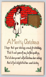 Christmas~ART DECO~Cute Redhead Has Stocking for Stretching~Red Green Gold~1920s 
