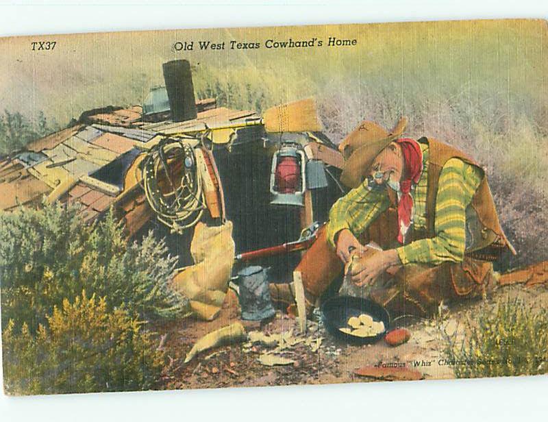 Vintage Post Card TX37 Cowboy Cowhand Dinner Texas Home For Cowboy Texas  # 4553