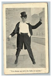 Vintage 1907 Comic Postcard Drunk Man in Tuxedo & Top Hat on Streets at Dawn