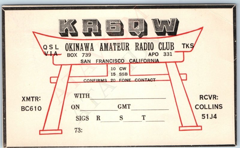 c1910s San Francisco Okinawa Amateur Radio Club Ham QSL Postcard Japan Gate A207