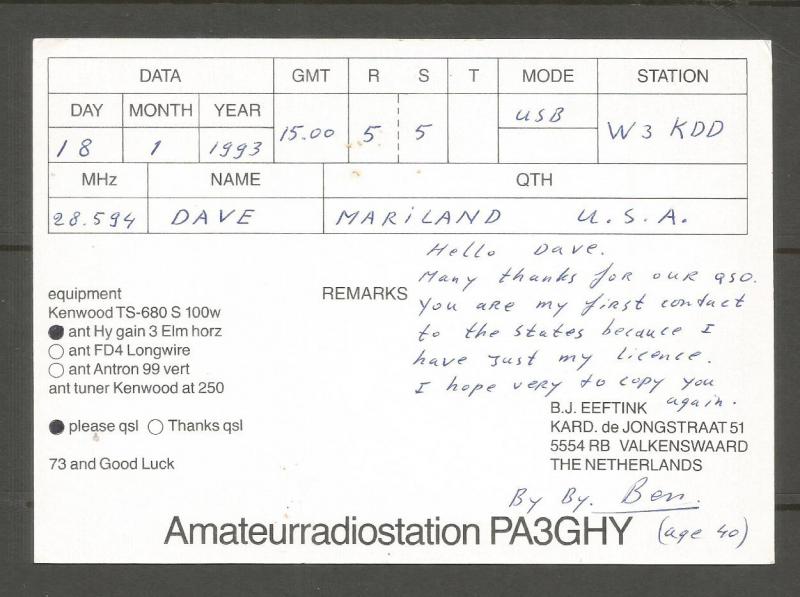 QSL AMATEUR RADIO CARD – VALKENSWAARD, THE NETHERLANDS – 1993 - FALCON