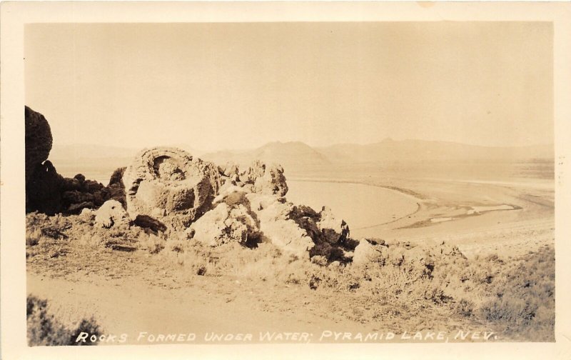 F88/ Pyramid Lake Nevada RPPC Postcard c1930s Rocks Formed Water