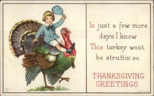 Thanksgiving - Little Boy Riding Turkey Series 54D c1915 Postcard