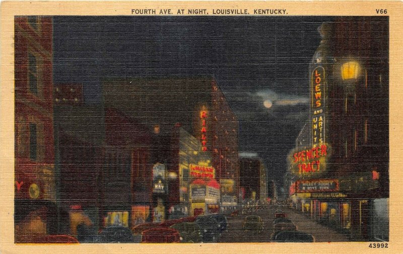 Louisville Kentucky 1940s Postcard Fourth Avenue At Night Spencer Tracy Theatre