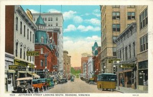 Postcard C1910 Virginia Roanoke Jefferson Street Trolley bus autos Teich 24-5233