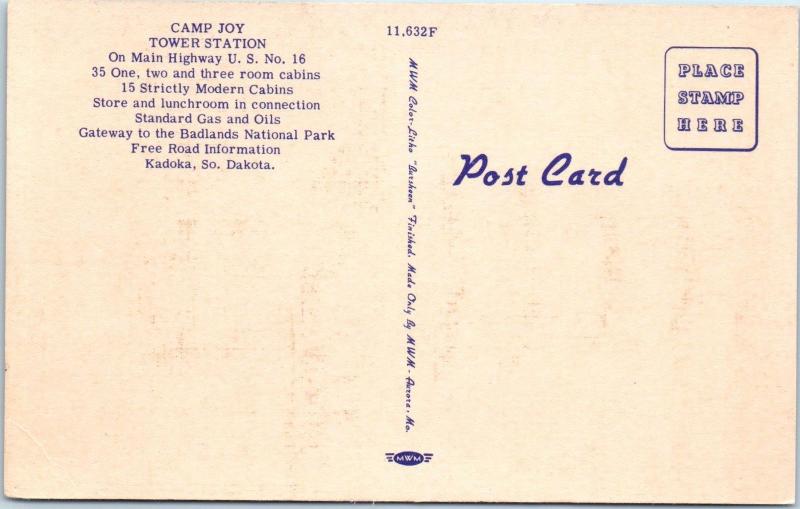 KADOKA, SD CAMP JOY TOWER GAS STATION Roadside Linen c1950s Postcard