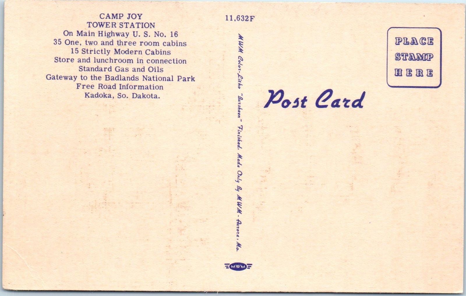 KADOKA, SD CAMP JOY TOWER GAS STATION Roadside Linen c1950s Postcard