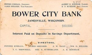 Bower City Bank, Small business card size Fenner Kimball - Janesville, Wiscon...