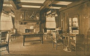 Alameda, CA: Elks Card Room, BPOE, chairs, antlers, lights, California postcard 