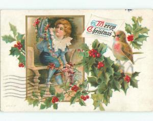 Pre-Linen christmas BIRD WATCHES BOY STRINGING HOLLY J1832