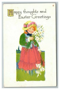 Vintage 1910's Art Deco Winsch Back Easter Postcard Cute Girl with White Flowers