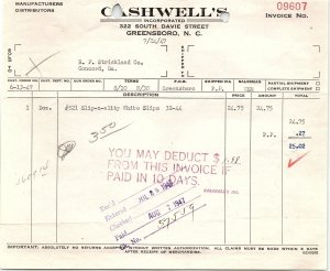 1947 CASHWELL'S GREENSBORO NORTH CAROLINA RF STRICKLAND INVOICE BILLHEAD Z813