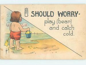 Pre-Linen comic signed BOY PLAYS WITH PAIL AND SHOVEL BEACH HL2567