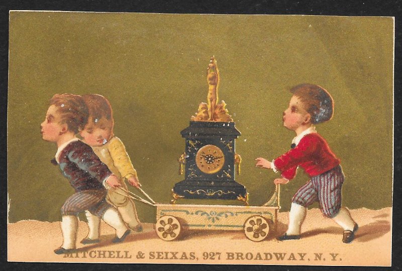 VICTORIAN TRADE CARD Mitchell & Seixas Clocks Three Boys & Large Clock On Cart