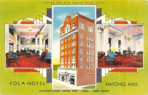 NATCHEZ, MS Mississippi  EOLA HOTEL  Lobby~Palm Room  c1940's ROADSIDE Postcard