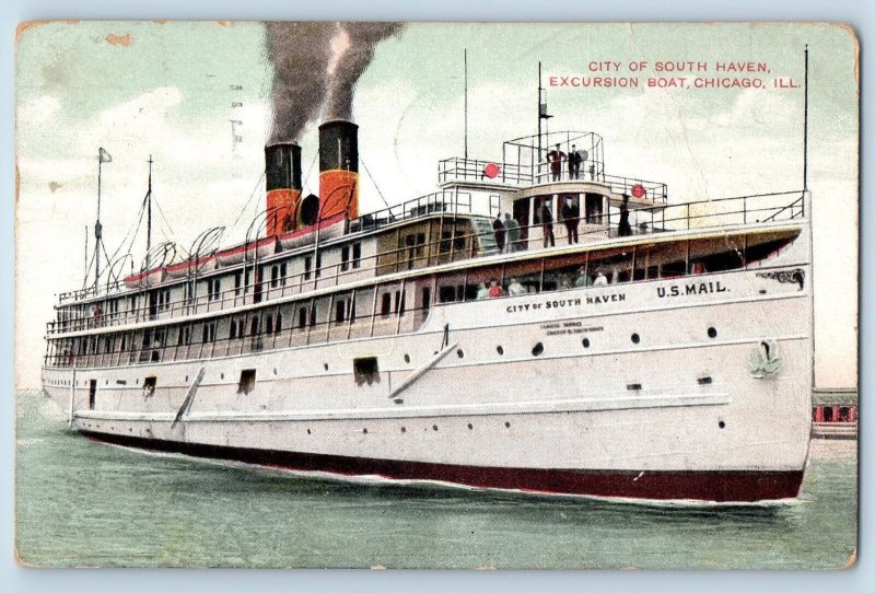 Chicago Illinois IL Postcard City Of South Haven Excursion Boat 1909 Antique