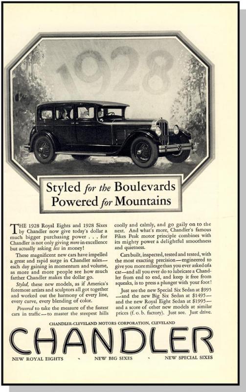 Elegant 1928 Chandler Car/Auto/Automobile Ad, Royal Eights