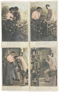 Set 4 postcards romantic elegant couple  love french poems lovers idyll 1905 