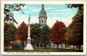 Town Hall And Soldiers Monument Middleboro Massachusetts MA Trees Postcard