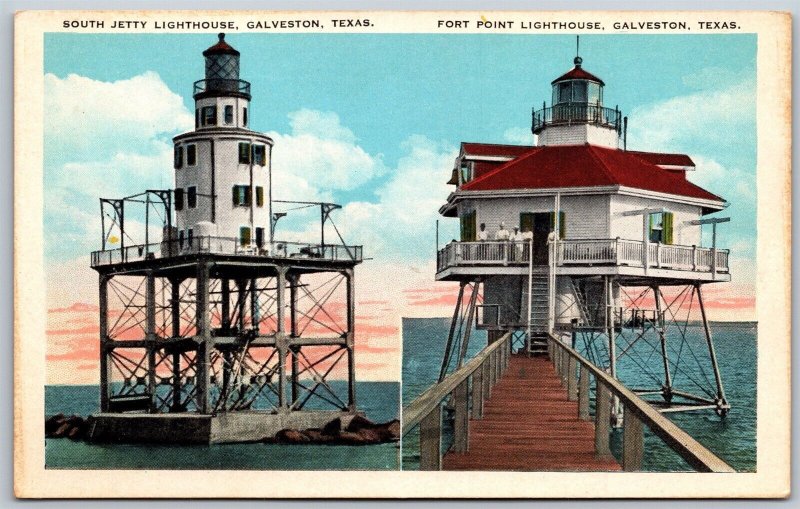 Vtg Galveston Texas TX South Jetty & Fort Point Light House 1920s View Postcard