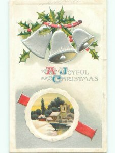Pre-Linen christmas SILVER BELLS HANG FROM HOLLY OVER SNOW-COVERED HOUSES J1515