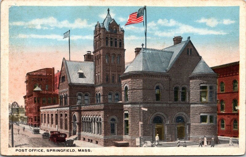 Post Office Building Springfield Massachusetts Downtown Streetview WB Postcard 