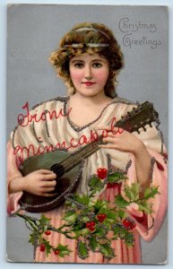 Christmas Postcard Greetings Pretty Woman With Banjo Guitar Berries Glitter Nash