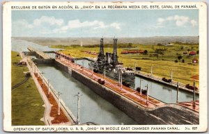 Operation of Gatun Locks U.S.S. Ohio Middle East Champer Panama Canal Postcard