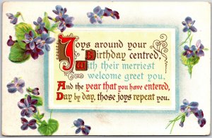 1913 Joys Around Your Birthday Purple Flowers & Birthday Quote Posted Postcard