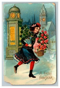 Vintage 1910 New Year Postcard Woman Carrying Roses and 4 Leaf Clovers BEAUTIFUL