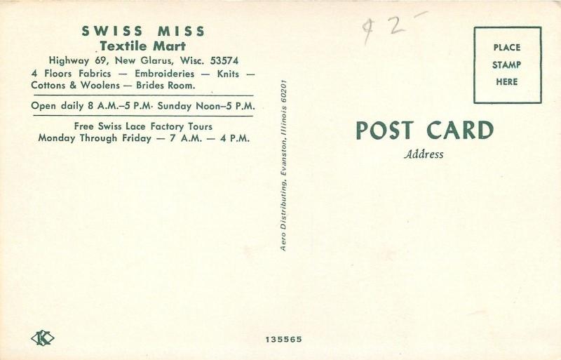 New Glarus WI~Swiss Miss Textile Mart~Lace Factory~Embroideries 1950s 